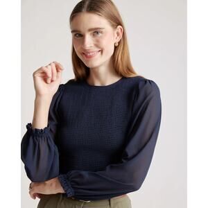 Quince Chiffon Cropped Smocked Blouse Sheer Long Sleeves Navy Sz S